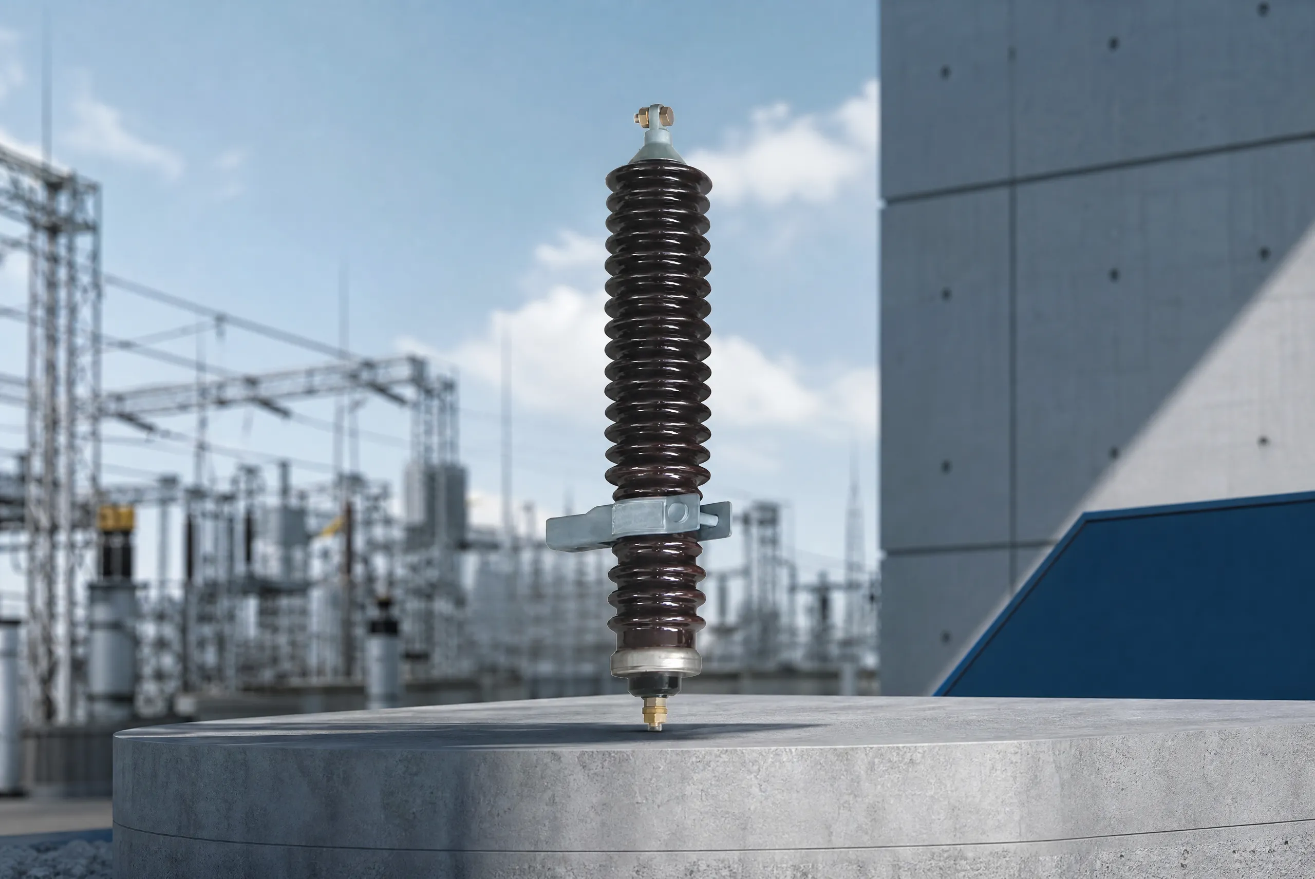 Porcelain-housed lightning arrester in a substation setting for a materials verification review