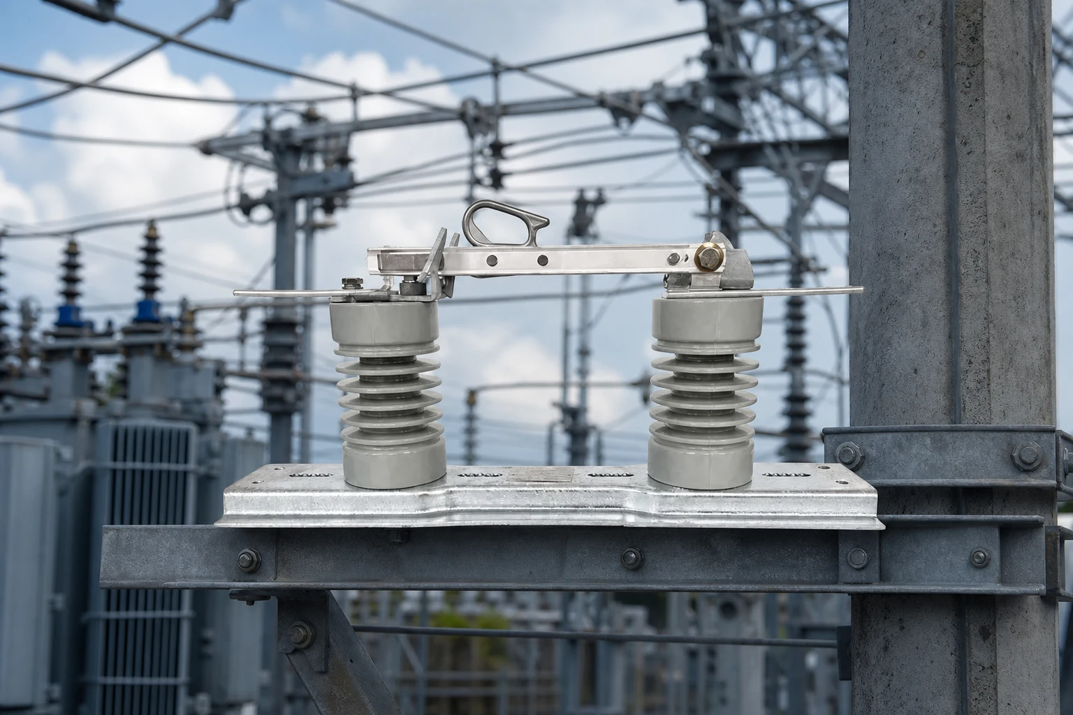 disconnector switch — FUERTE official product with illustrative industrial background (not a real site photo)