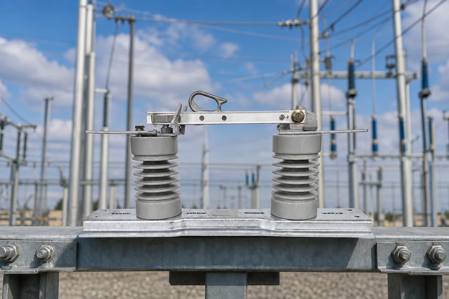 Disconnector switch on medium-voltage overhead line — concept illustration (not a product photo)