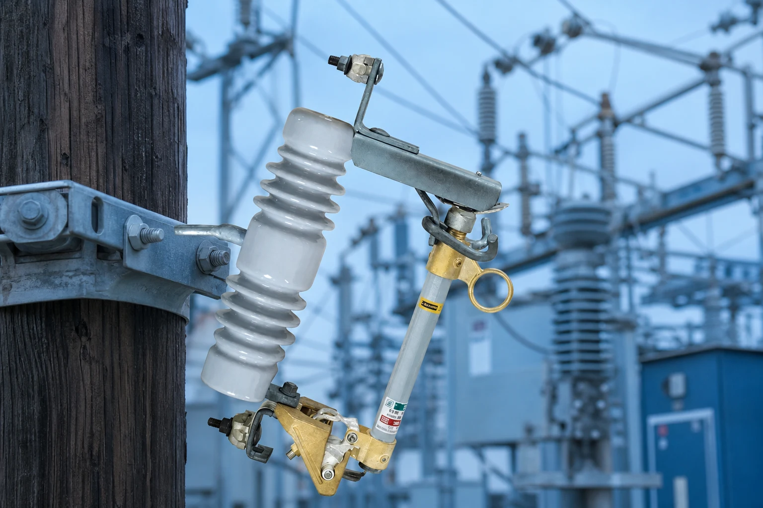 expulsion fuse link — FUERTE official product with illustrative industrial background (not a real site photo)