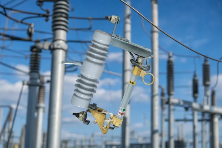 FSC-1-1 drop out fuse cutout — FUERTE official product with illustrative overhead line background (not a real site photo)