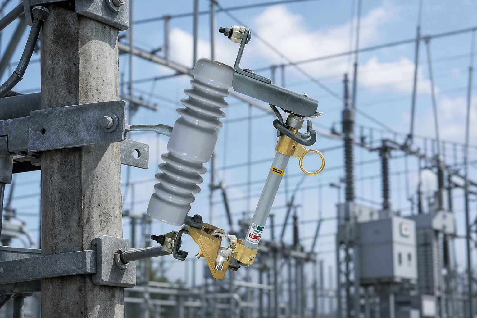 fuse cutout — FUERTE official product with illustrative industrial background (not a real site photo)