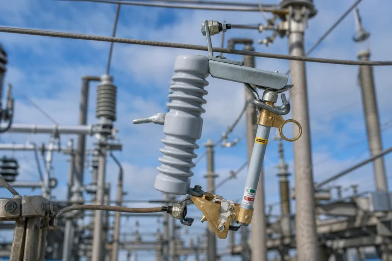 Drop-out fuse cutout on overhead distribution line — concept illustration (not a product photo)
