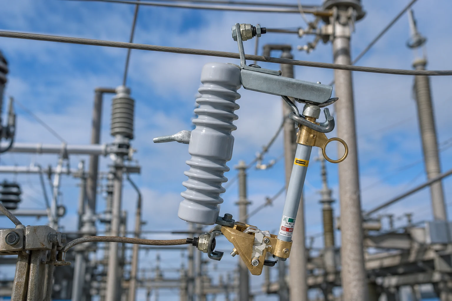 Drop-out fuse cutout on overhead distribution line — concept illustration (not a product photo)