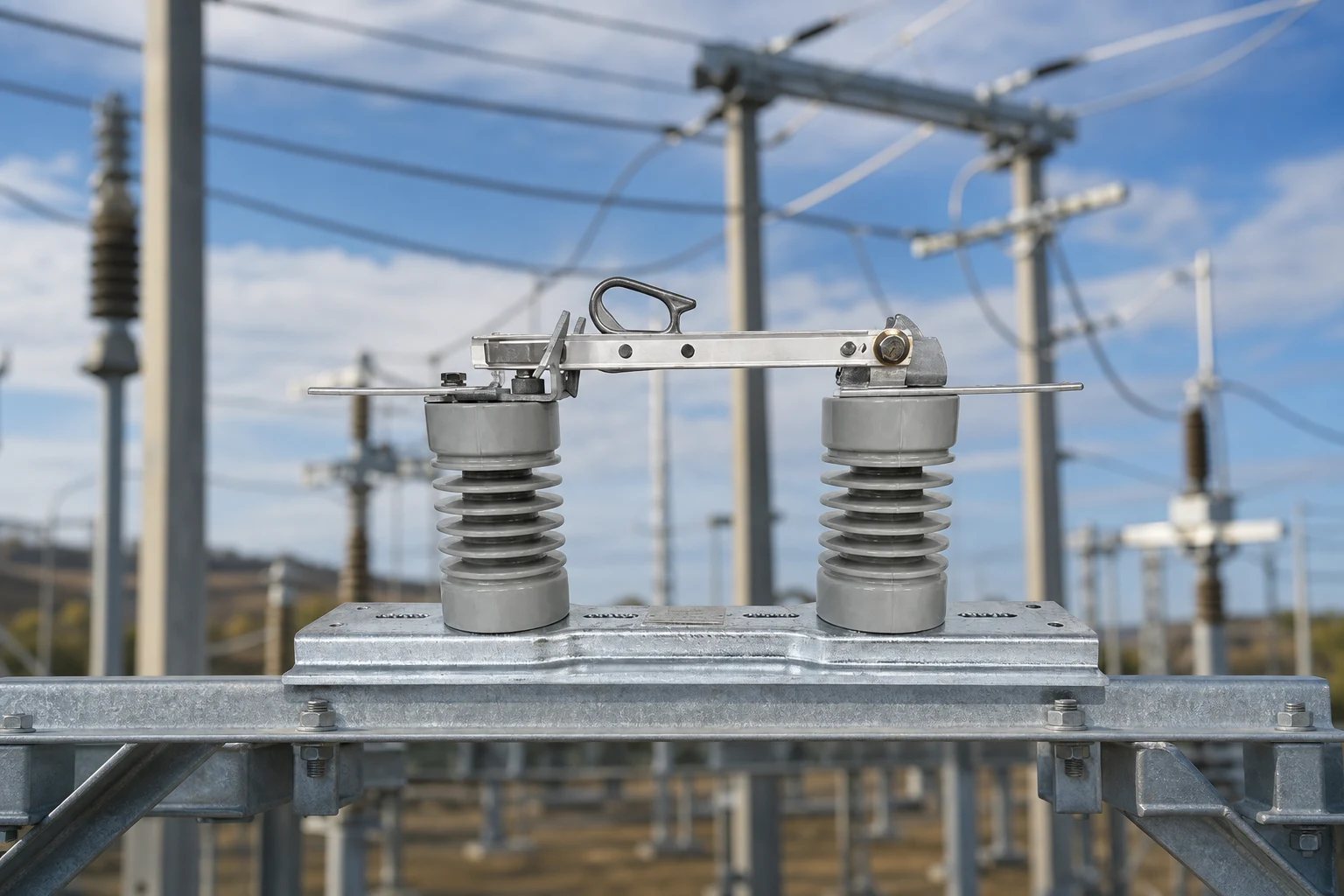 Isolating switch installation on overhead medium-voltage line — concept illustration (not a product photo)