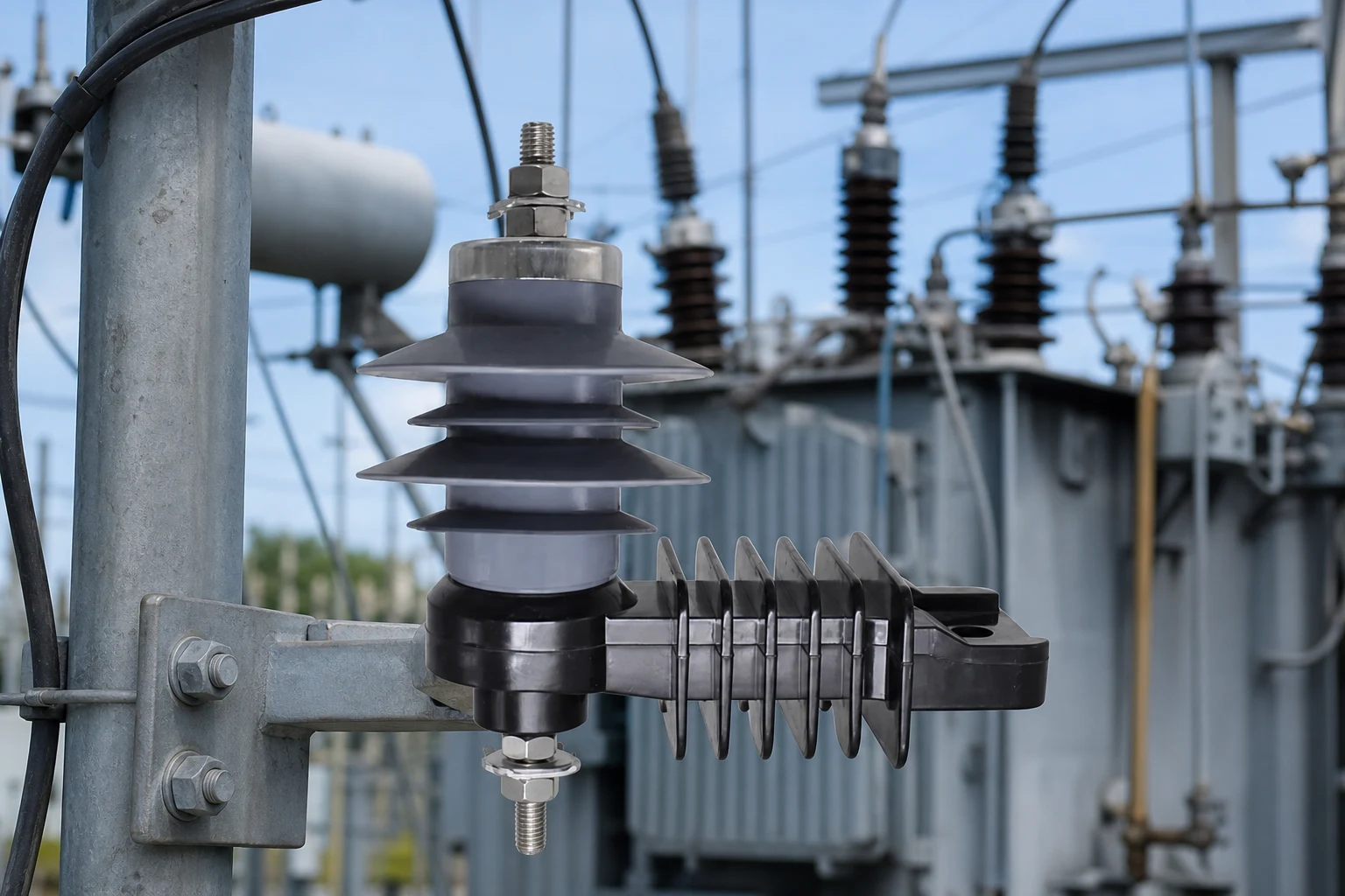 metal oxide surge arrester — FUERTE official product with illustrative industrial background (not a real site photo)