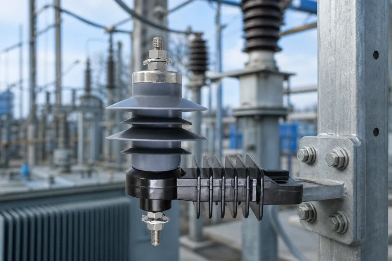 metal oxide surge arrester — FUERTE official product with illustrative industrial background (not a real site photo)