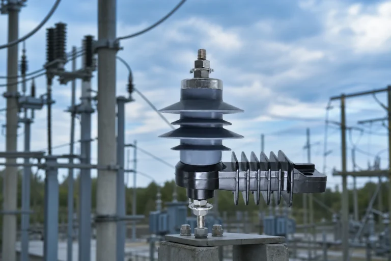 Metal-oxide surge arrester protecting distribution transformer — concept illustration (not a product photo)