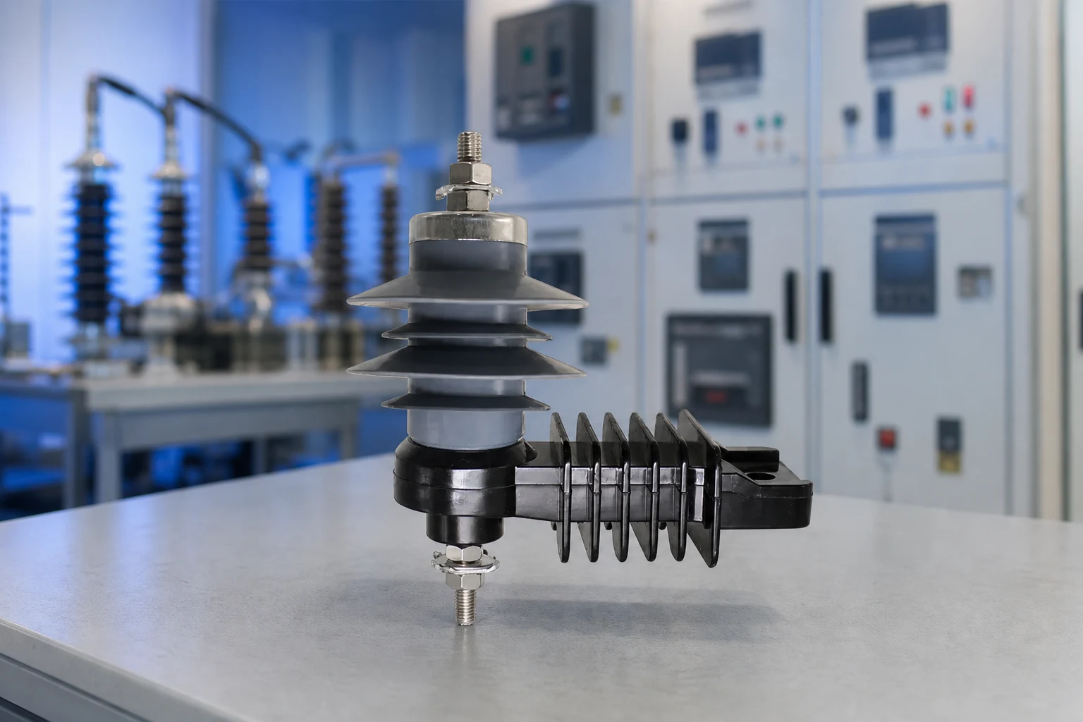 FUERTE lightning-arrester — official product photo with illustrative scene background (not a real site photo)