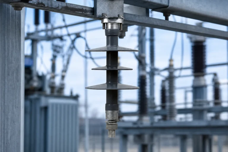 polymer pin insulator — FUERTE official product with illustrative industrial background (not a real site photo)