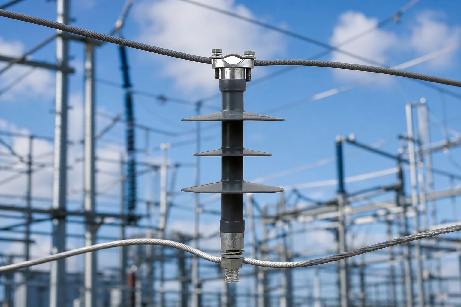 Polymer pin insulator on 11 kV overhead distribution line — concept illustration (not a product photo)