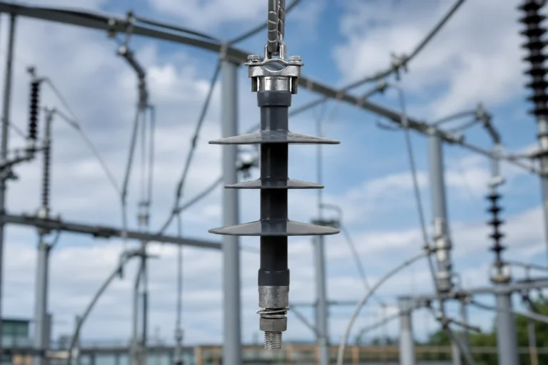 Polymer pin insulator on 11 kV overhead distribution line — concept illustration (not a product photo)