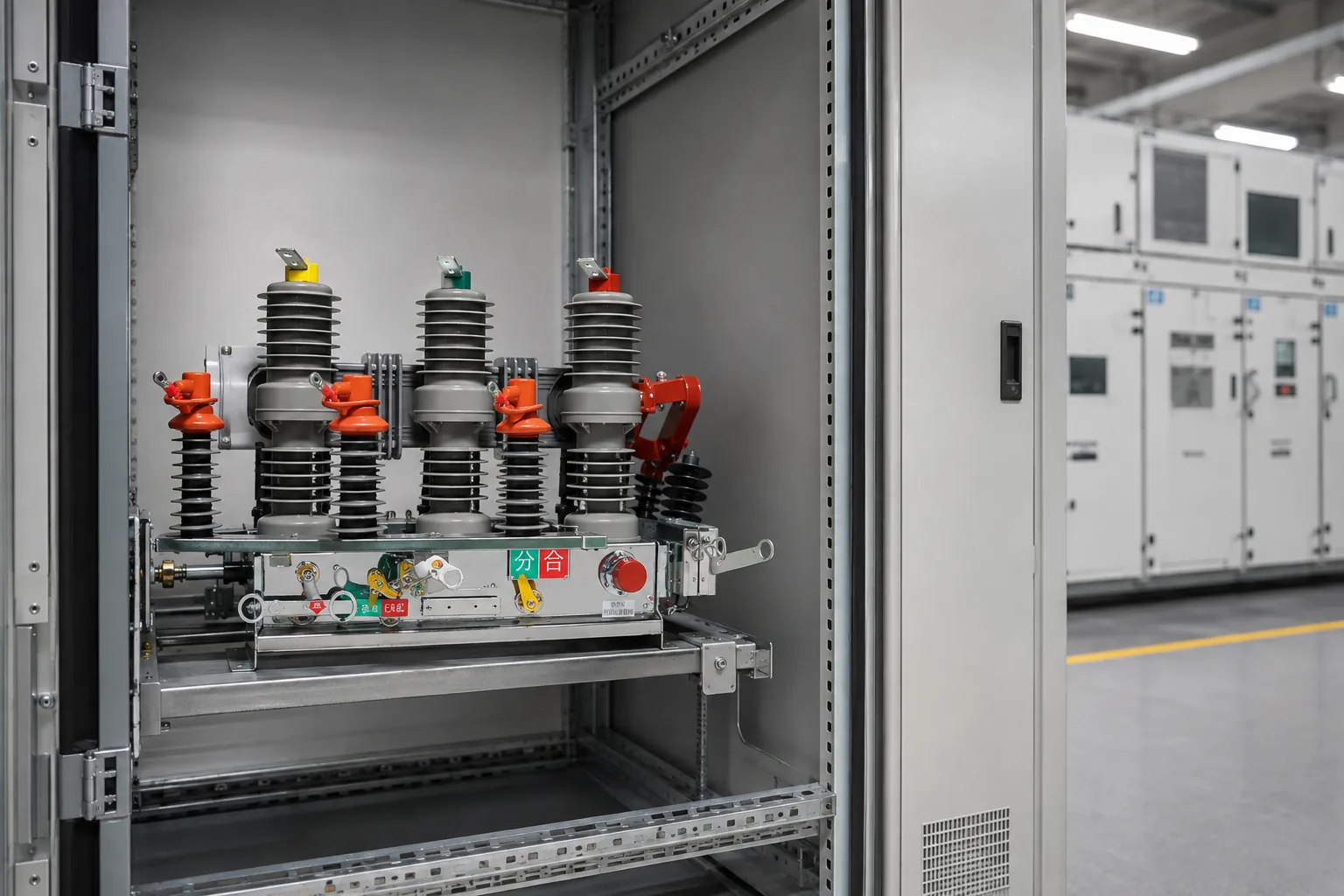 Industrial substation scene showing breaker application planning for feeder, motor and transformer circuits