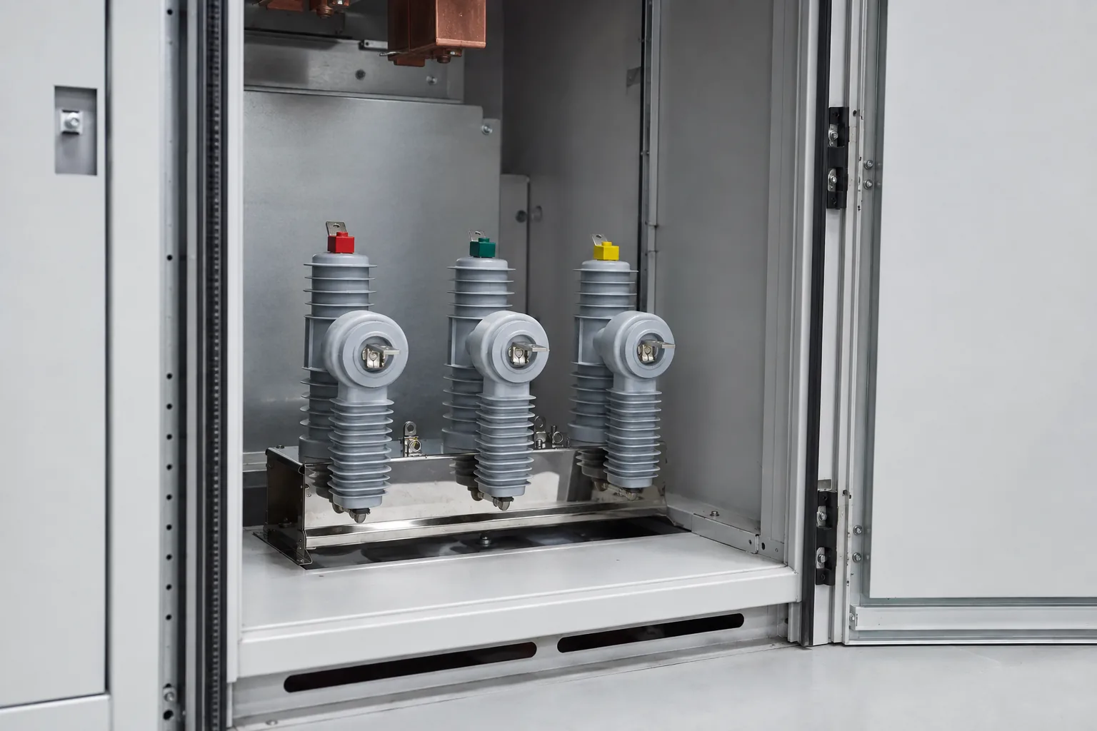 Indoor metal-clad switchgear room with a medium-voltage breaker prepared for utility feeder service