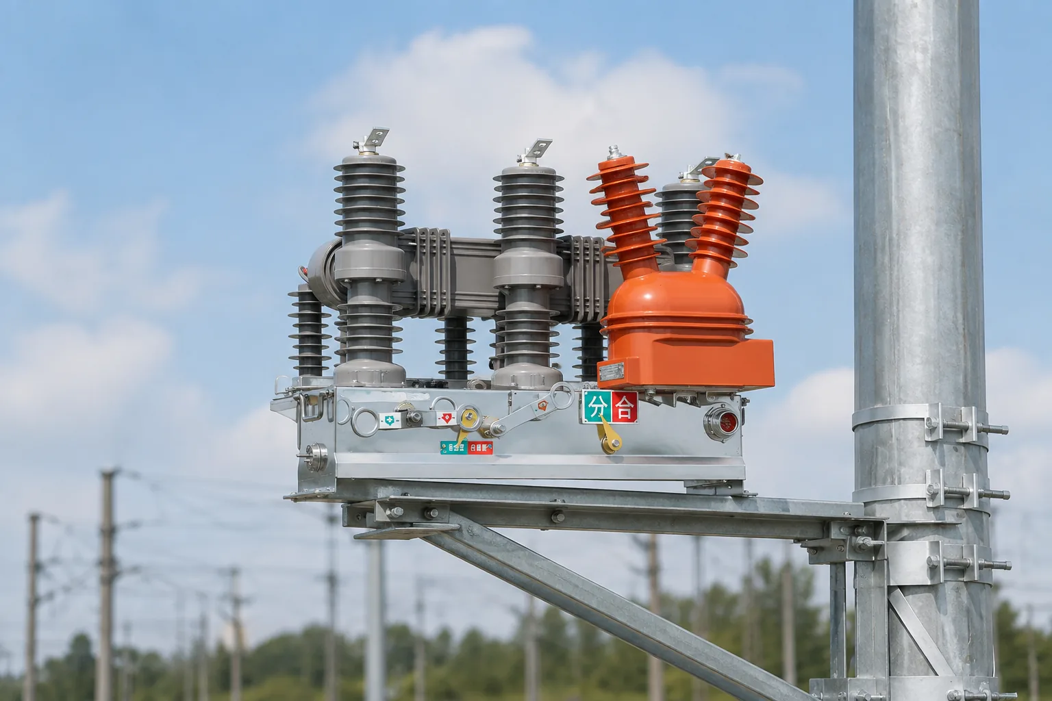 Outdoor 25 kV feeder breaker position near a railway traction substation service road