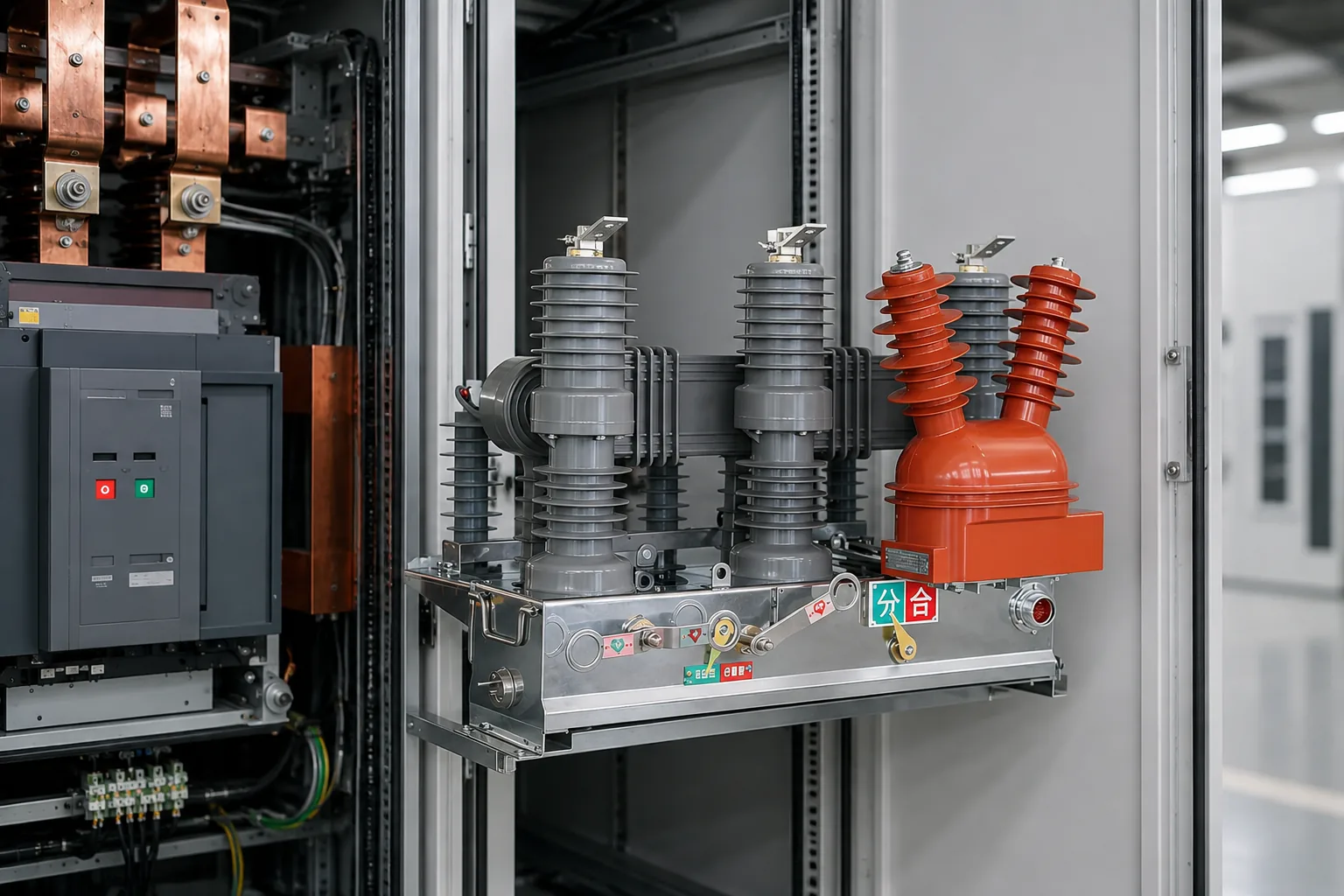 25 kV switchgear lineup with inspection aisle and coordinated protection access