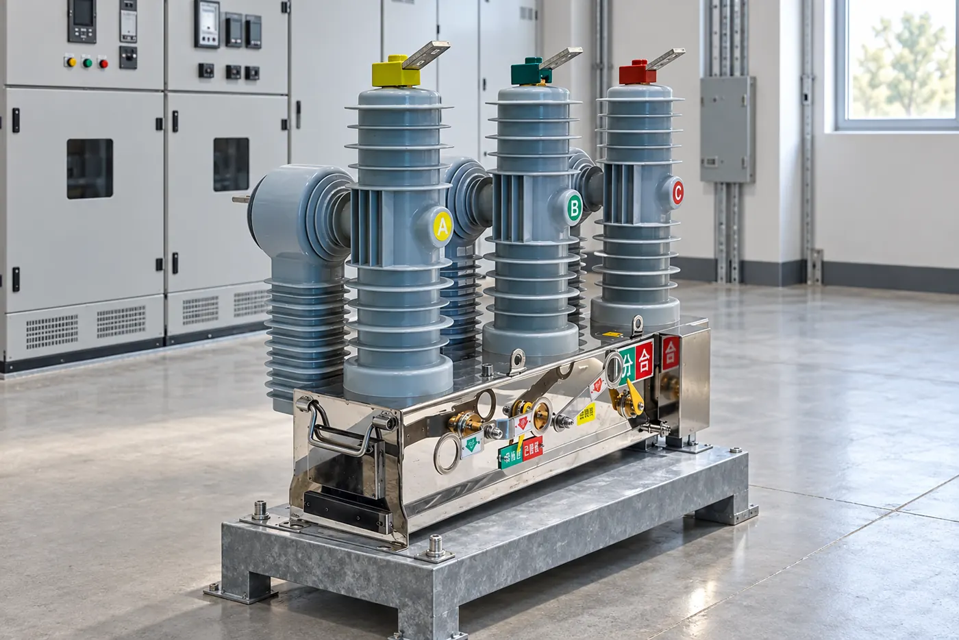 Medium-voltage air and vacuum circuit breakers shown side by side in a switchgear lineup