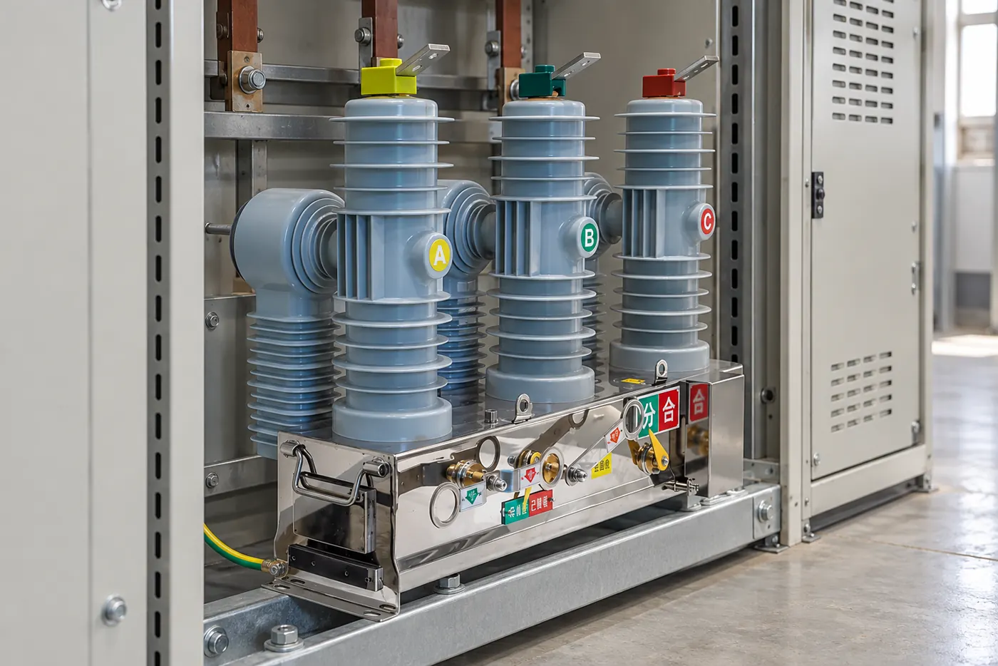 Technician performing insulation and contact checks on a vacuum circuit breaker