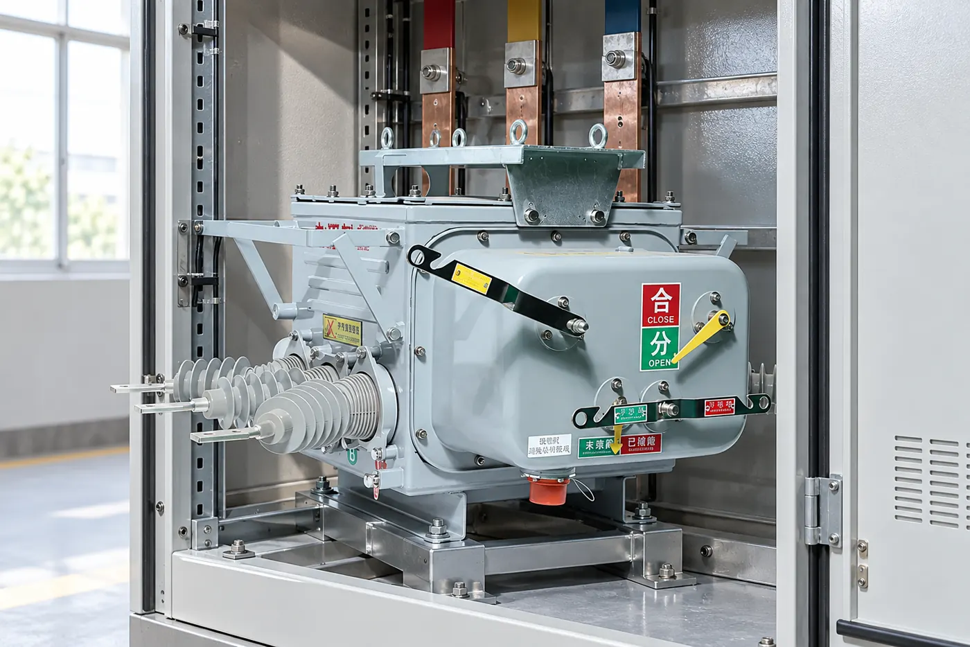 Technician performing timing and insulation checks on a vacuum circuit breaker during planned maintenance