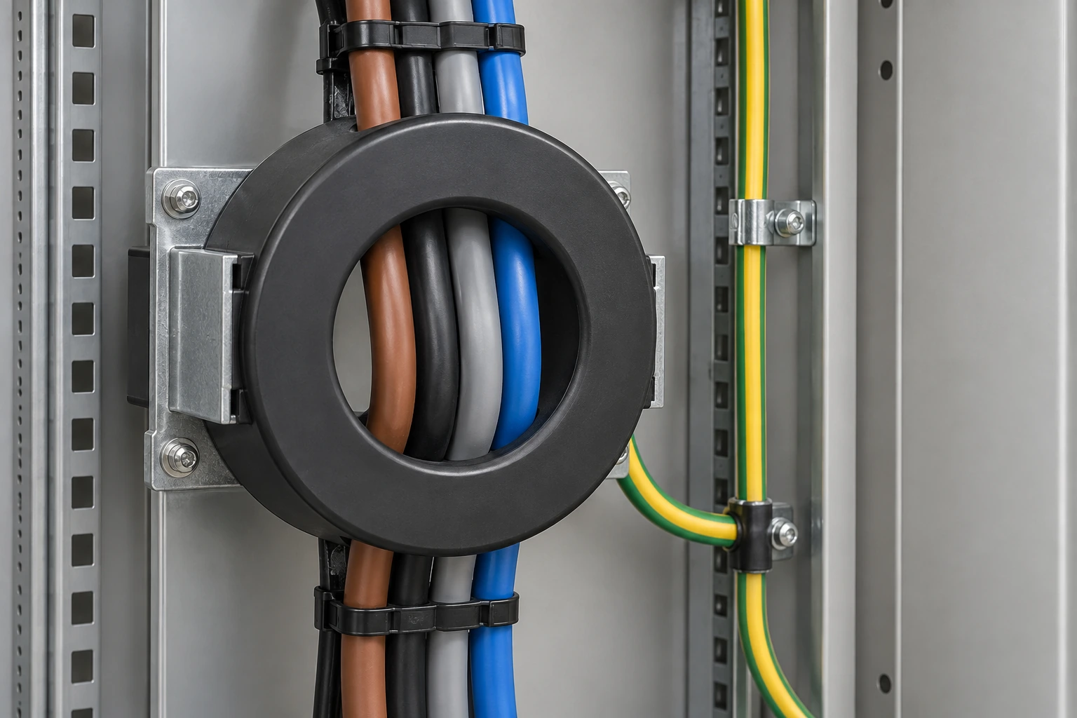 Core-balance current transformer surrounding all phase conductors to detect residual current