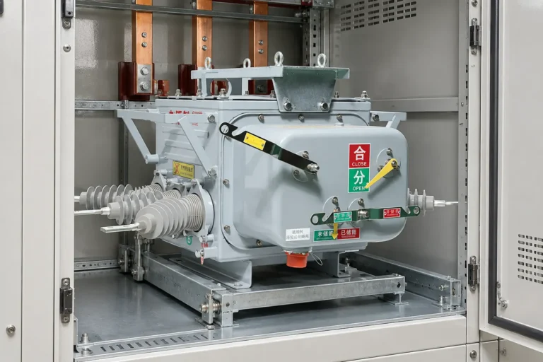 Fixed-mount vacuum circuit breaker installed in a medium-voltage switchgear panel