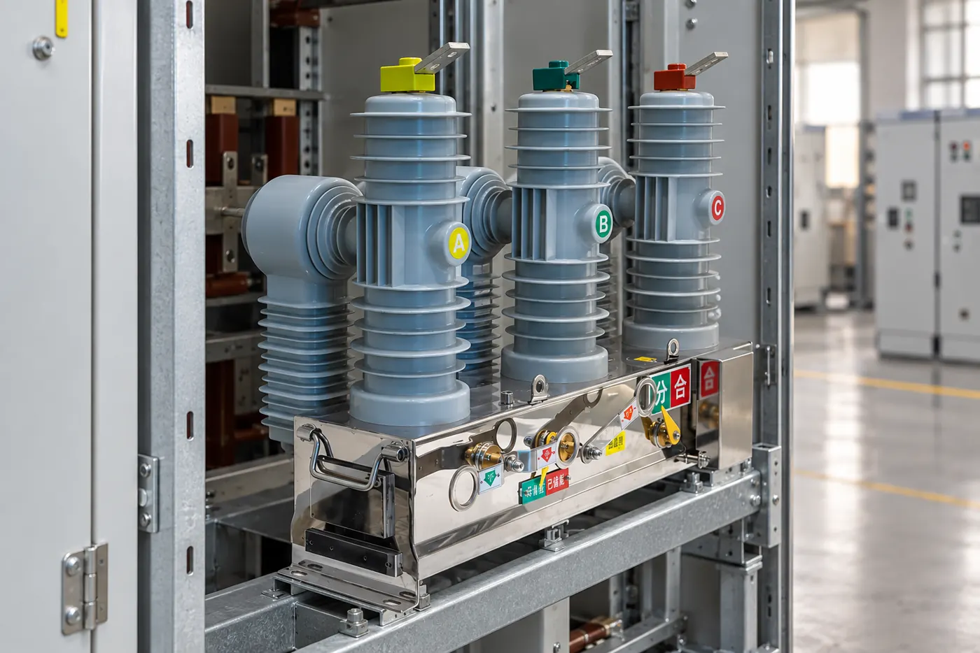 Technician testing timing and contact resistance on an HV vacuum circuit breaker