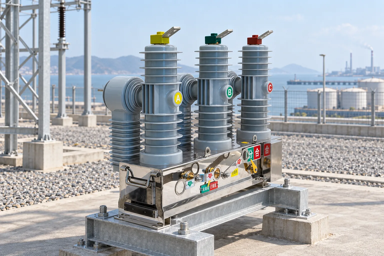 Outdoor vacuum circuit breaker in a utility yard with pollution exposure context