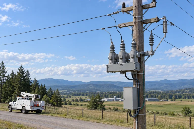 Three-phase pole-mounted recloser installed on an overhead utility distribution feeder
