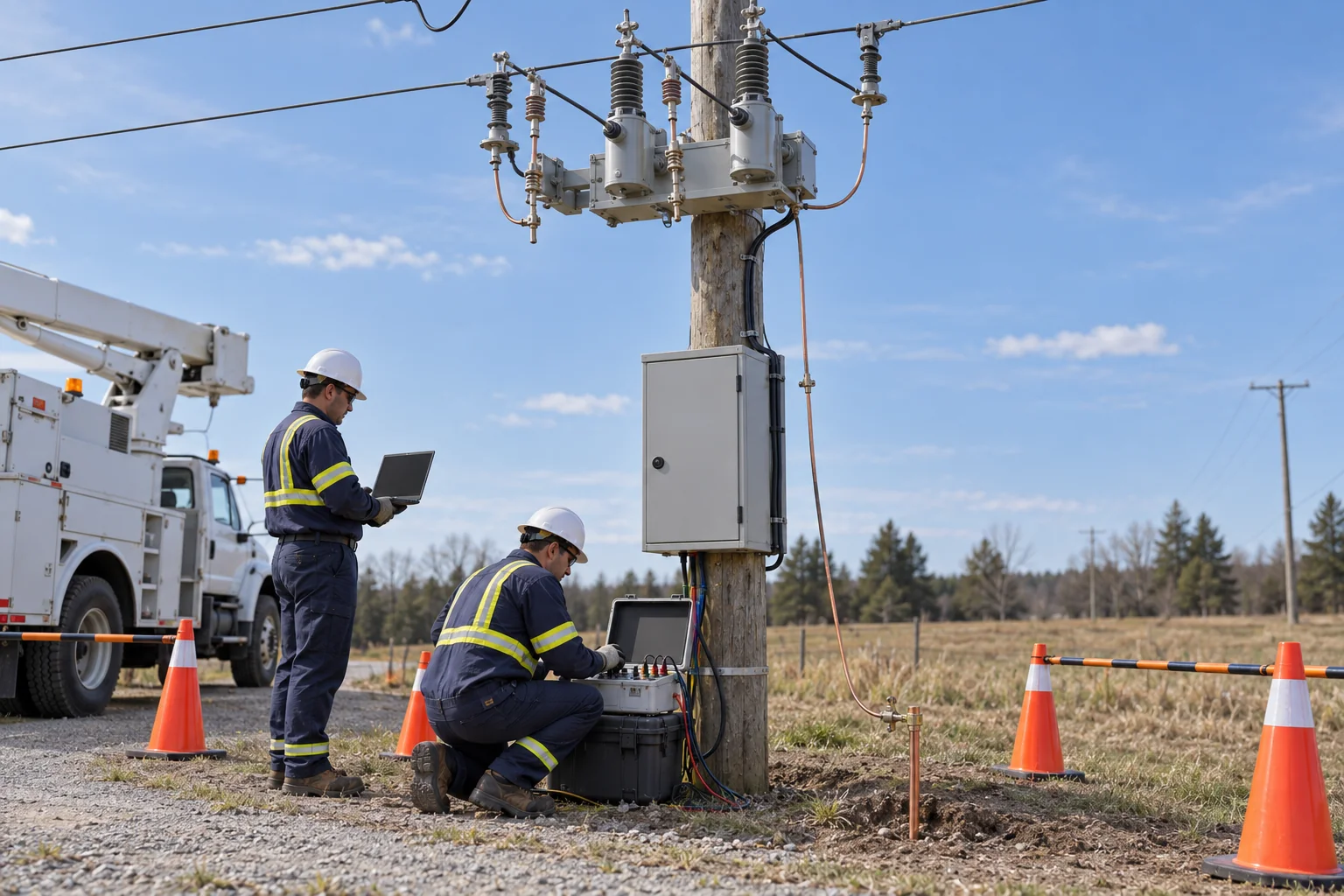 Utility crew commissioning a pole-mounted recloser control cabinet and communication link