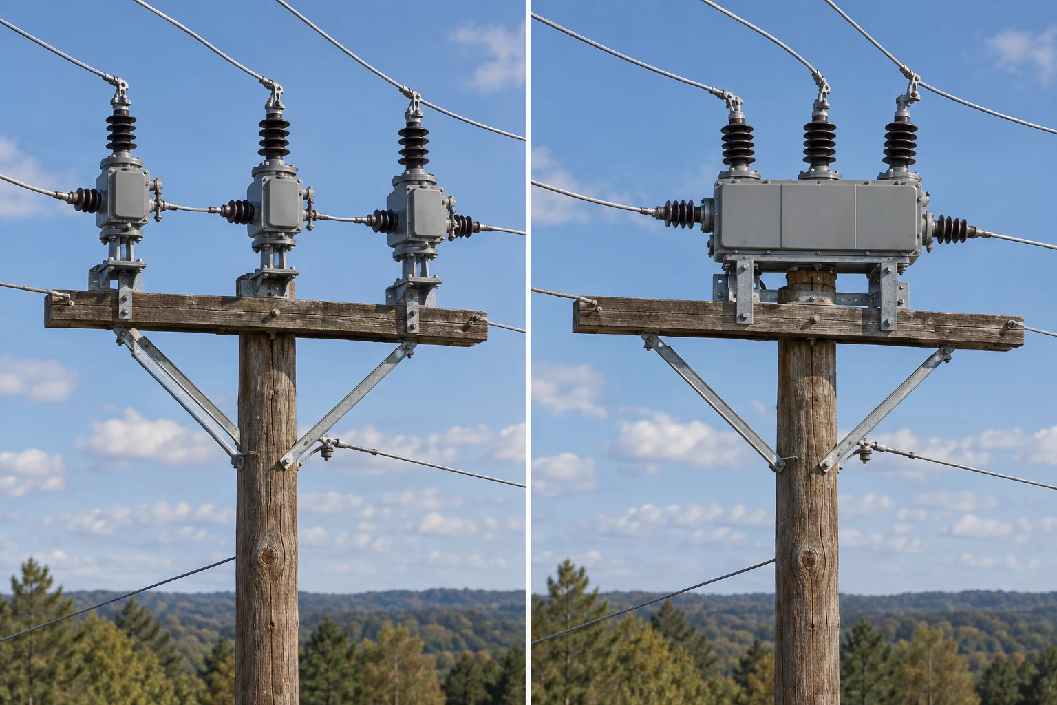 Single-phase and three-phase pole-mounted recloser arrangements on distribution feeders