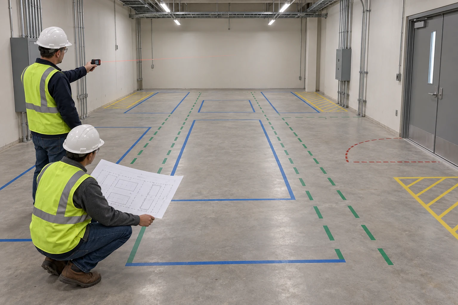Engineers reviewing switchgear layout clearance and service access before installation