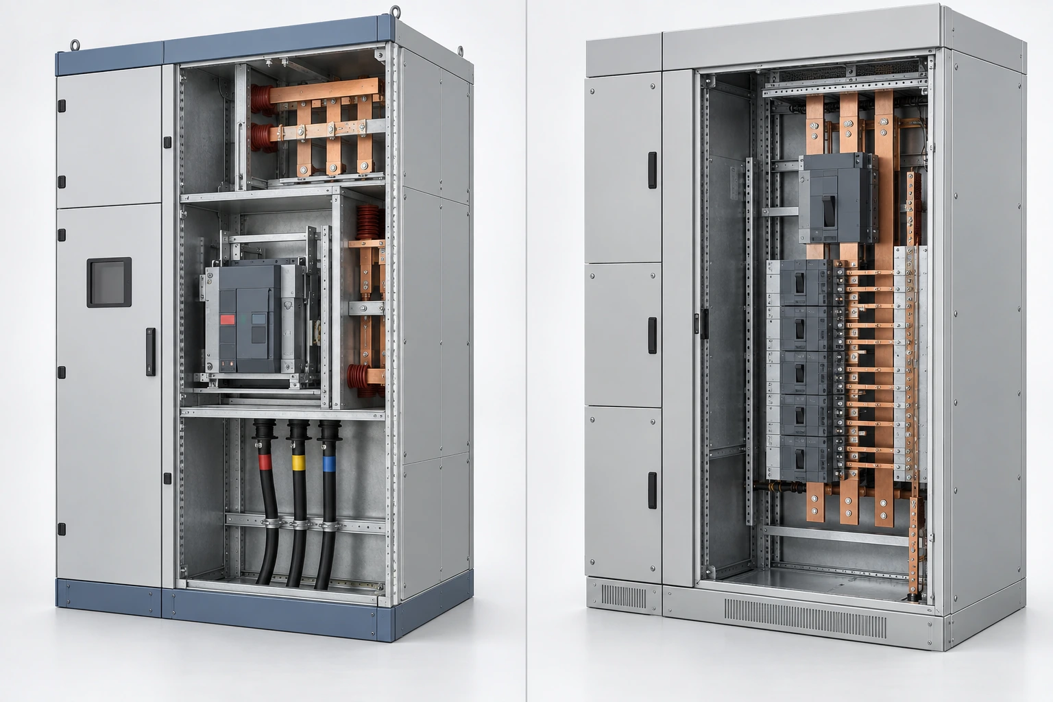 Switchgear and switchboard lineups compared in an industrial power distribution room