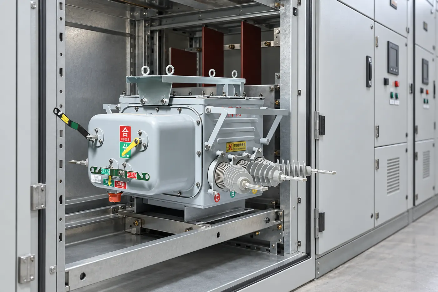 Engineer reviewing contactor and VCB ratings, interlocks and test records for switchgear integration