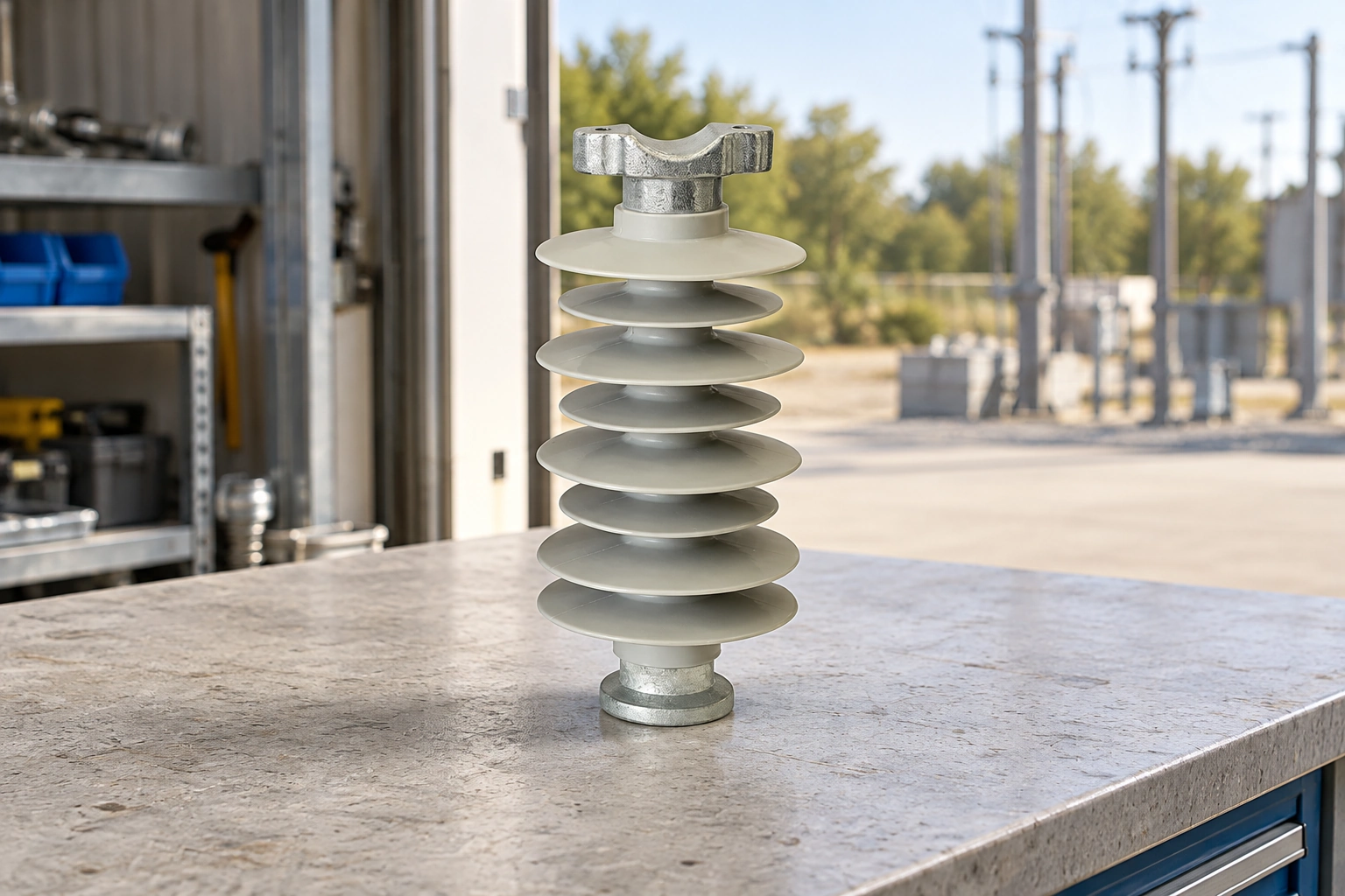 FPQ-24-6T Polymer Insulator in an illustrative utility workshop scene