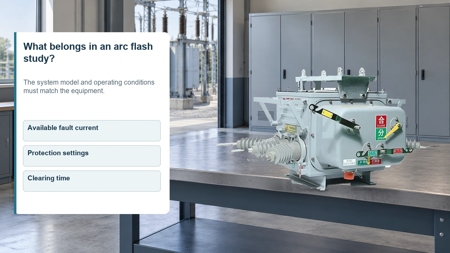 Real breaker photograph beside the three study inputs: available fault current, protection settings and clearing time