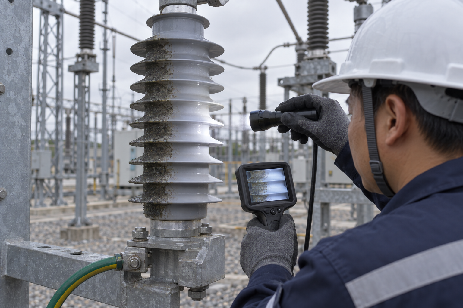 Technician inspecting a polymer-housed metal-oxide surge arrester for surface condition and leakage indicators