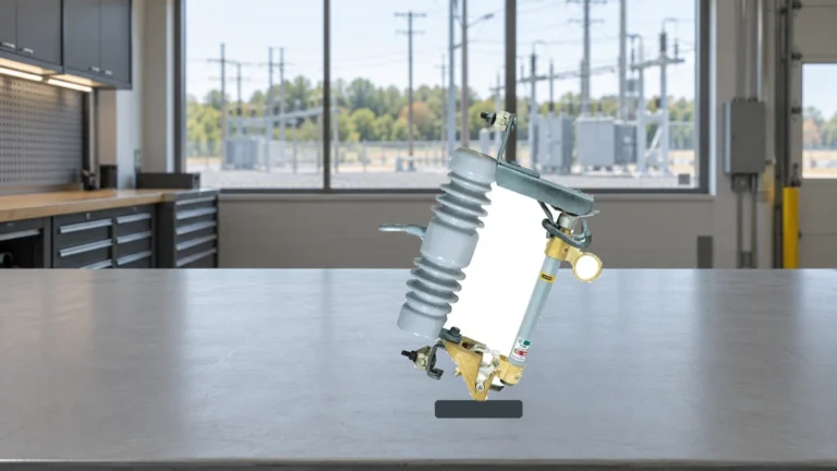 Official fuse cutout in an illustrative distribution-equipment workshop