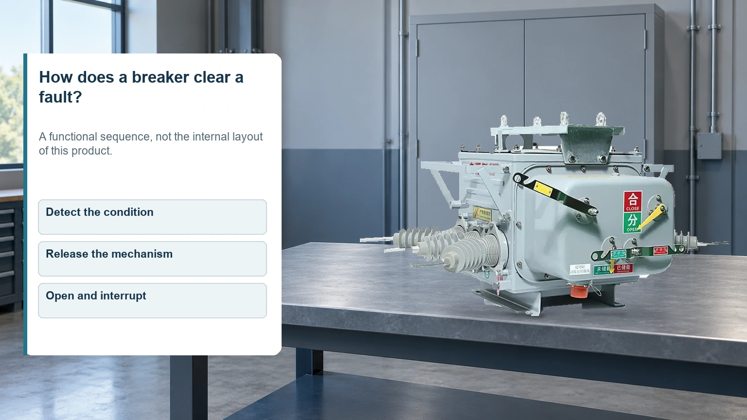 Real breaker photograph alongside the functional sequence detect the condition, release the mechanism, open and interrupt