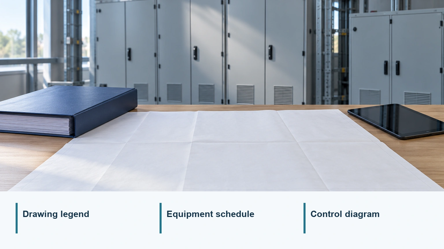 Engineering drawing review scene highlighting the drawing legend, equipment schedule and control diagram as separate checks