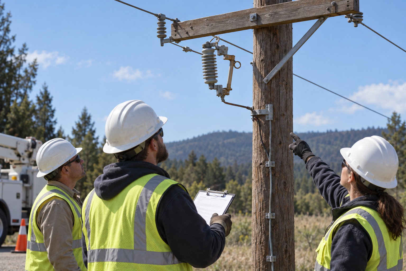 Utility crew verifying a de-energized pole-mounted fuse cutout installation and operating access