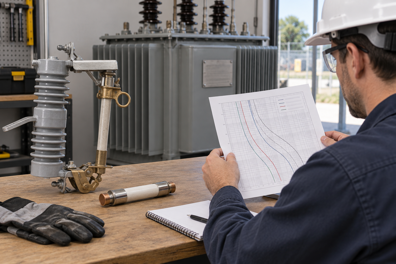 Engineer checking fuse-link coordination with transformer inrush and fault-current information