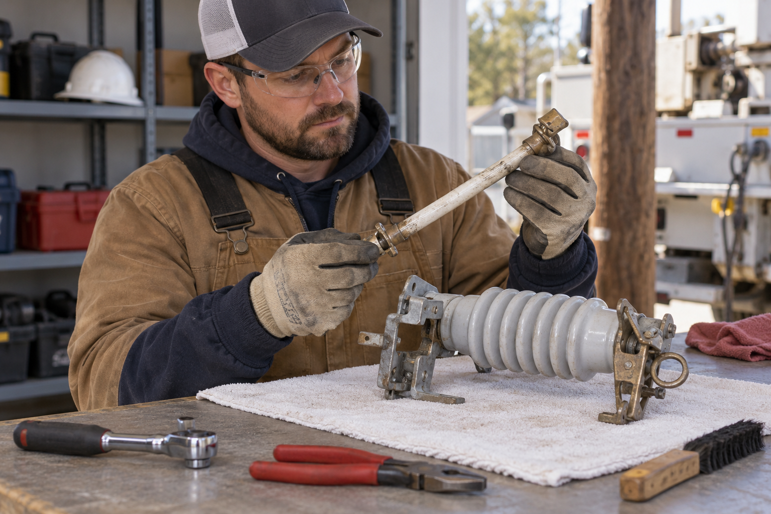 Technician inspecting a removed fuse link and cutout body during maintenance
