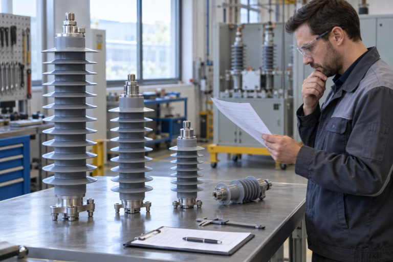 Engineer reviewing medium-voltage lightning arrester rating documents in an inspection workshop