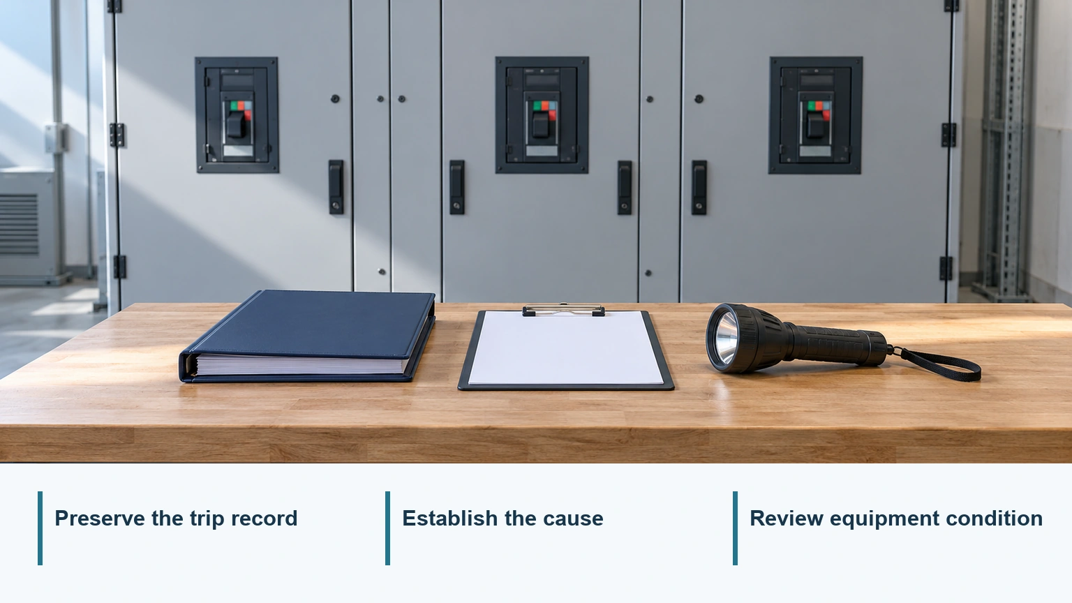 Maintenance records and an inspection planning sheet beside a closed switchboard for a post-trip investigation