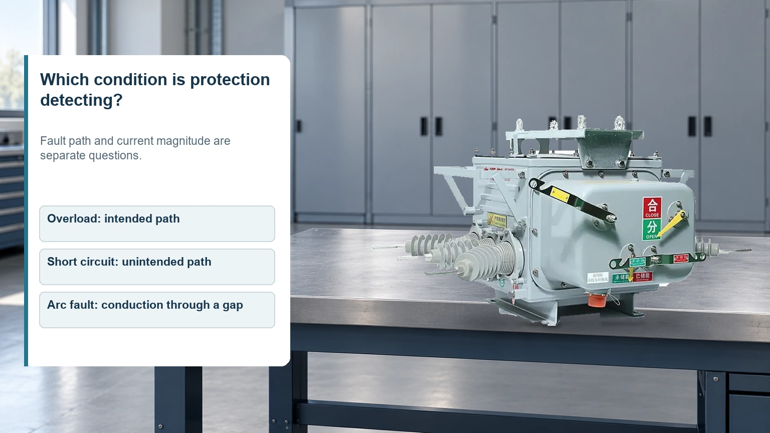 Breaker product photograph with a comparison of overload, short-circuit and arc-fault current paths