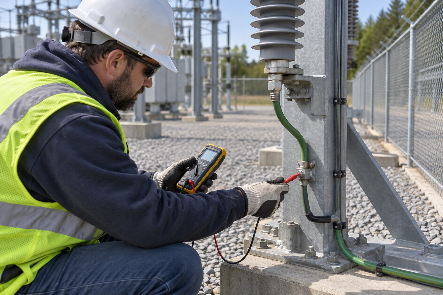 Technician checking a surge arrester grounding conductor and bonding point at a substation