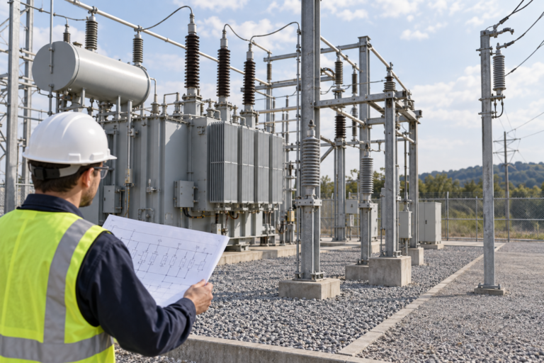 Engineer reviewing surge arrester placement for a transformer substation and distribution line