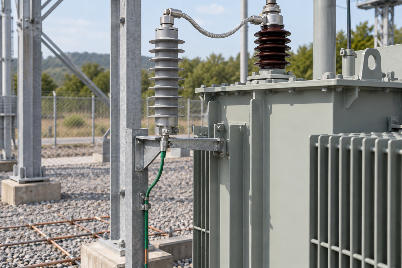 Surge arrester mounted near a transformer bushing with a routed grounding lead