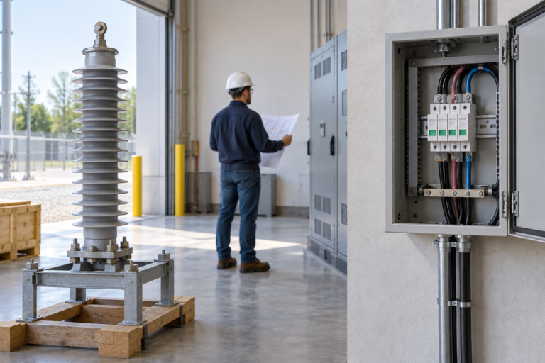 Industrial protection scene comparing a medium-voltage surge arrester and a low-voltage surge protective device
