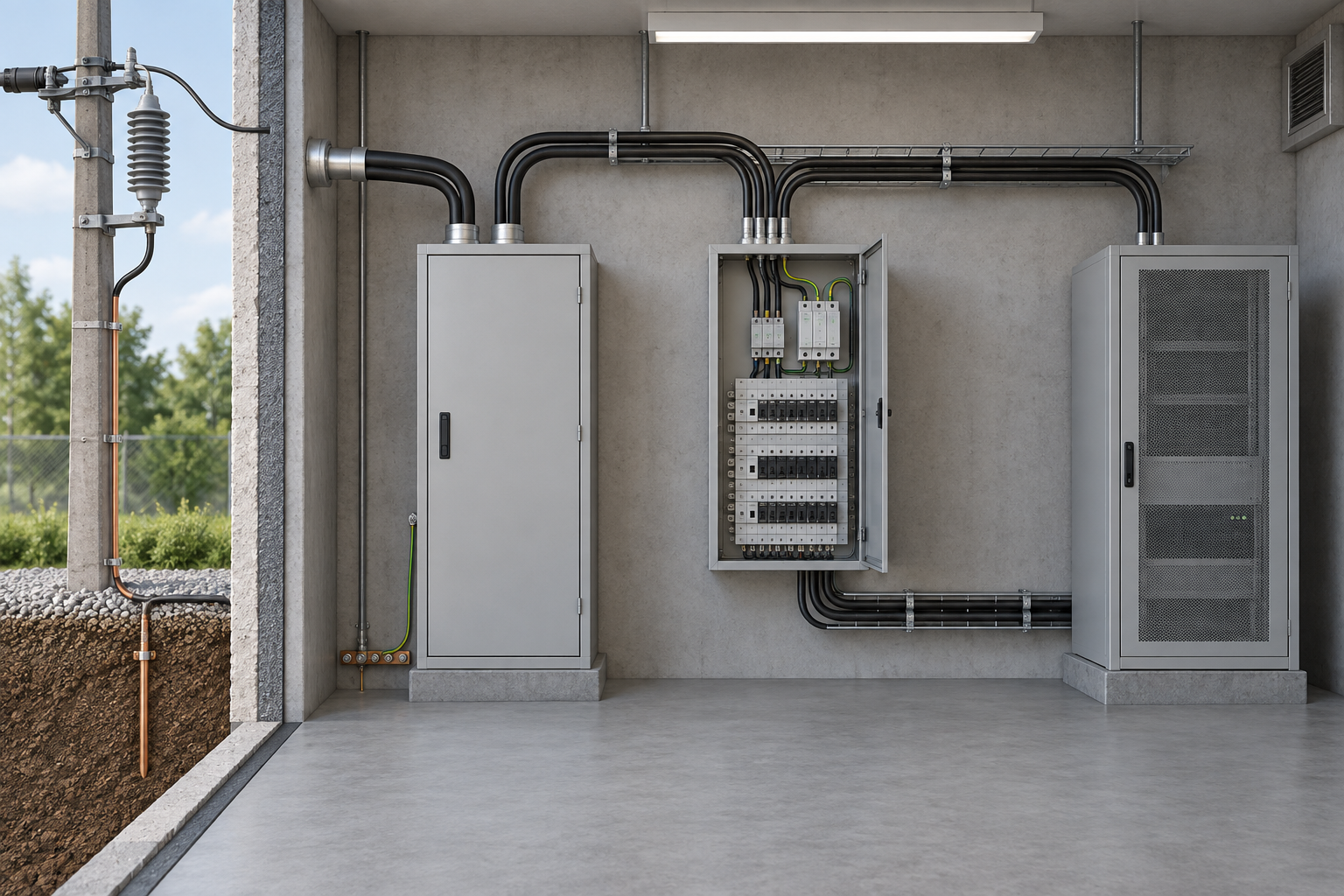 Power installation showing coordinated surge protection zones from service entrance to sensitive load